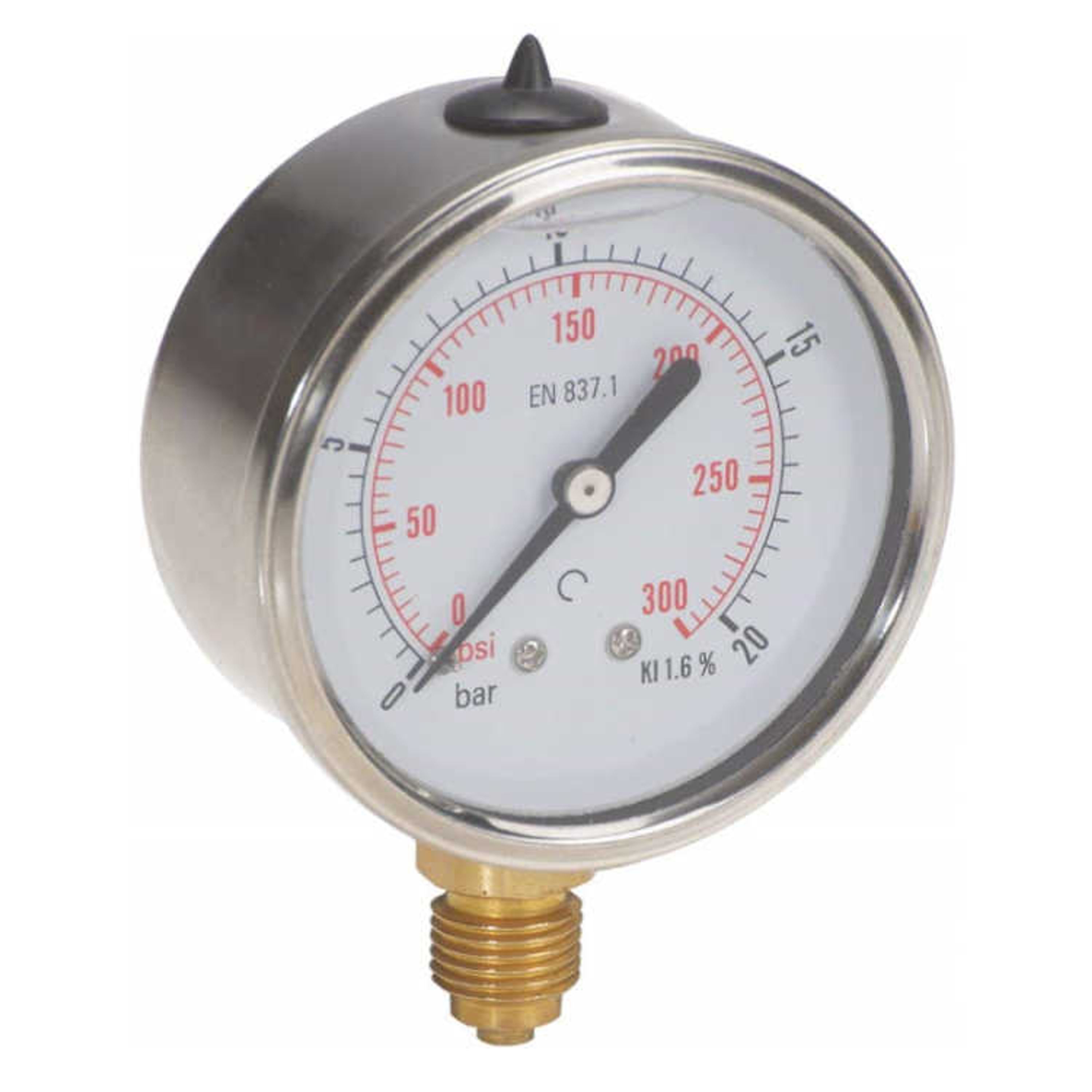 Manometer met onder aansluiting 63 mm, gevuld met glycerine, 1/4" BSP, 0-250 bar